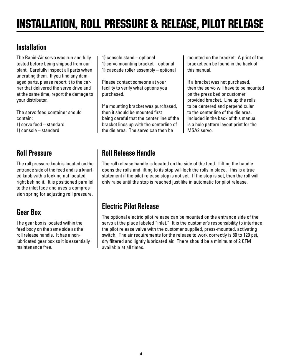 Installation, Roll.pressure, Roll.release.handle | Electric.pilot.release gear.box | Rapid-Air MINI-SERVO FEED: MS2, MS4 & MS8. 115vac, 1ph, 60hz User Manual | Page 4 / 18