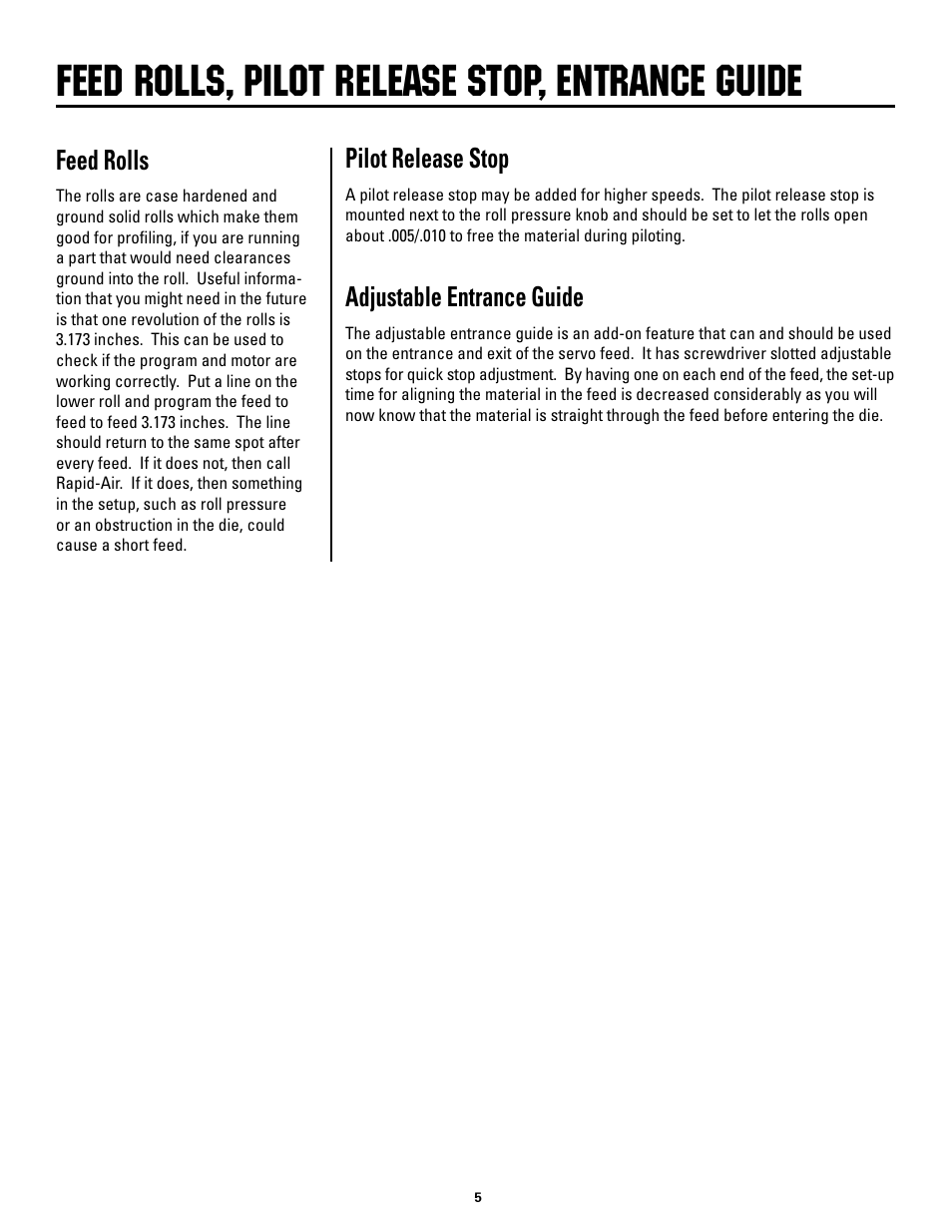 Feed rolls, pilot release stop, entrance guide, Pilot.release.stop, Feed.rolls | Adjustable.entrance.guide | Rapid-Air MINI-SERVO FEED: MS2, MS4 & MS8. 115vac, 1ph, 60hz User Manual | Page 5 / 18