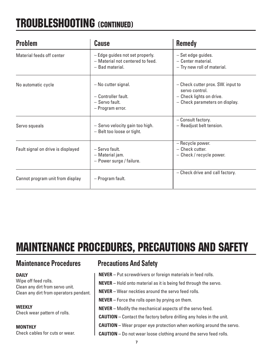 Troubleshooting, Maintenance procedures, precautions and safety, Continued) | Problem cause remedy, Maintenance procedures precautions and safety | Rapid-Air SMART MINI-SERVO FEED CUT-TO-LENGTH: SMS2, SMS4, SMS8 User Manual | Page 7 / 23