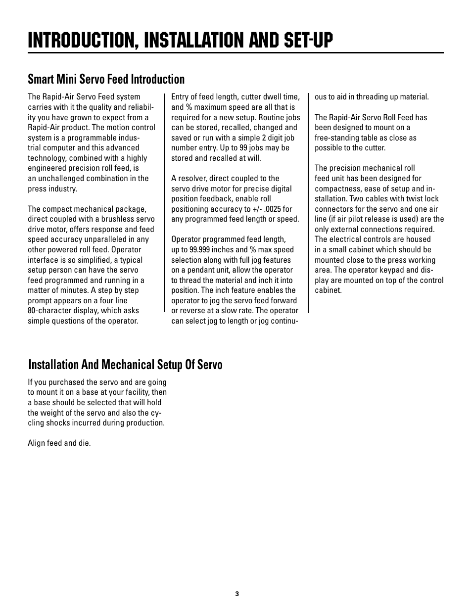 Introduction, installation and set-up, Smart mini servo feed introduction, Installation and mechanical setup of servo | Rapid-Air SMART MINI-SERVO FEED: SMS2, SMS4, SMS8 User Manual | Page 3 / 20