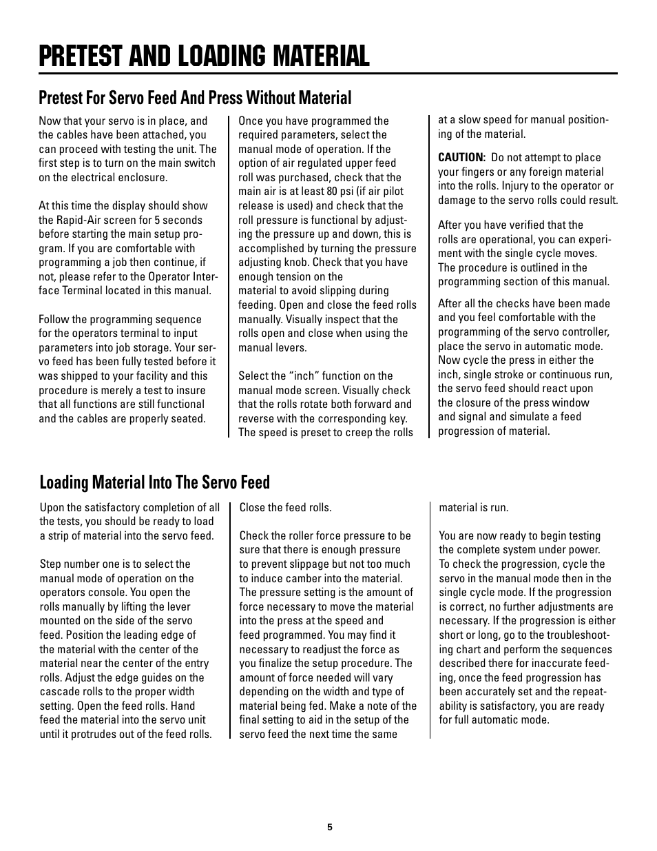 Pretest and loading material, Pretest for servo feed and press without material, Loading material into the servo feed | Rapid-Air SMART MINI-SERVO FEED: SMS2, SMS4, SMS8 User Manual | Page 5 / 20