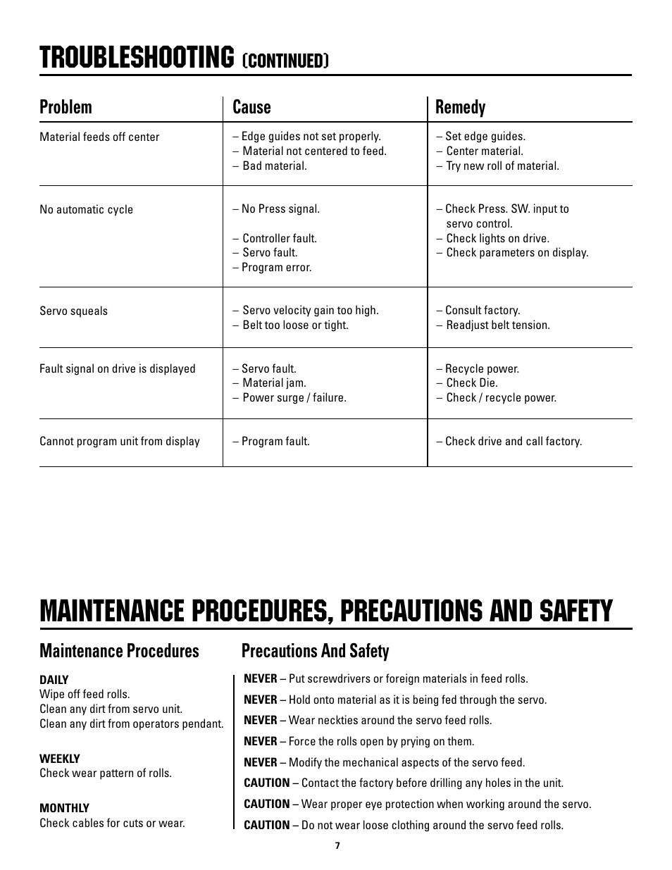 Troubleshooting, Maintenance procedures, precautions and safety, Continued) | Problem cause remedy, Maintenance procedures precautions and safety | Rapid-Air SMART MINI-SERVO FEED: SMS2, SMS4, SMS8 User Manual | Page 7 / 20