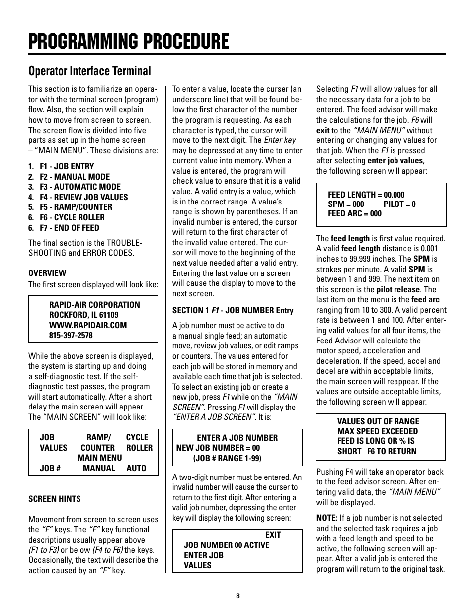 Programming procedure, Operator interface terminal | Rapid-Air SMART MINI-SERVO FEED: SMS2, SMS4, SMS8 User Manual | Page 8 / 20