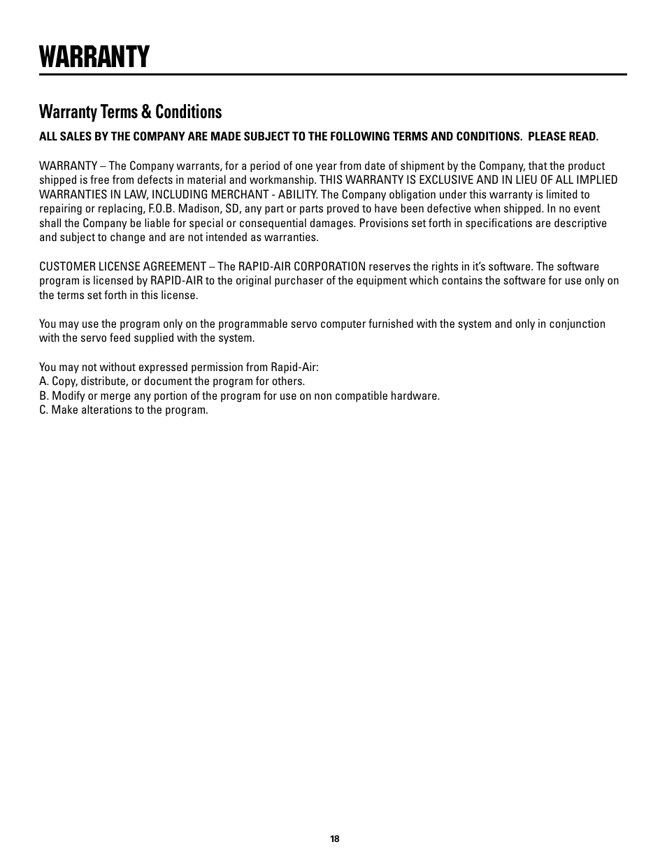 Warranty, Warranty terms & conditions | Rapid-Air SMART MINI-SERVO GAG FEED User Manual | Page 18 / 18