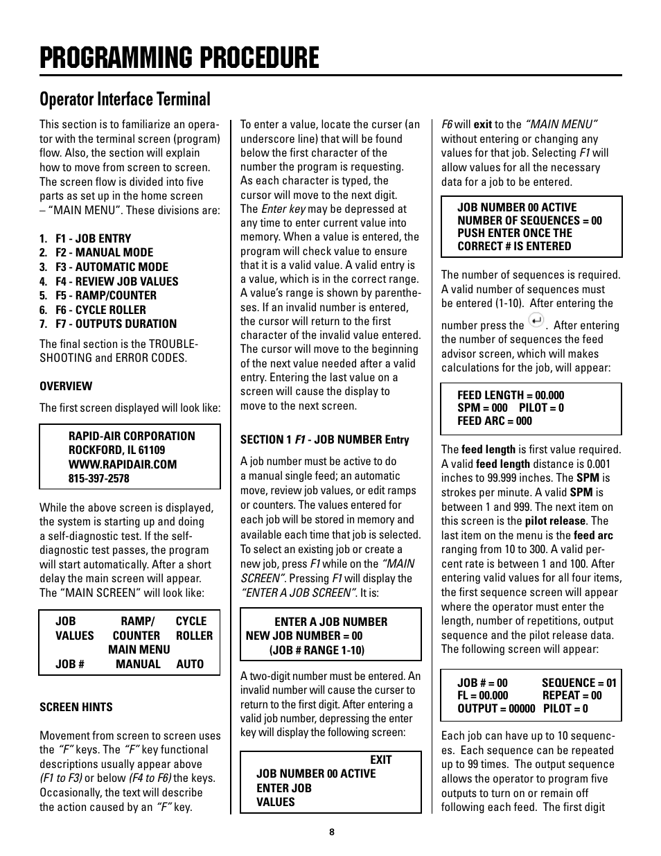 Programming procedure, Operator interface terminal | Rapid-Air SMART MINI-SERVO GAG FEED User Manual | Page 8 / 18