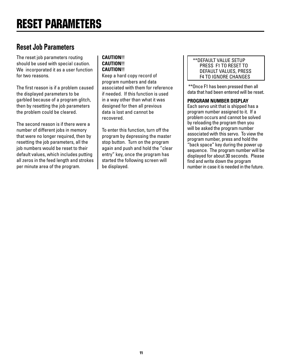 Reset parameters, Reset job parameters | Rapid-Air SERVO FEED: 100C, 100D series User Manual | Page 11 / 37