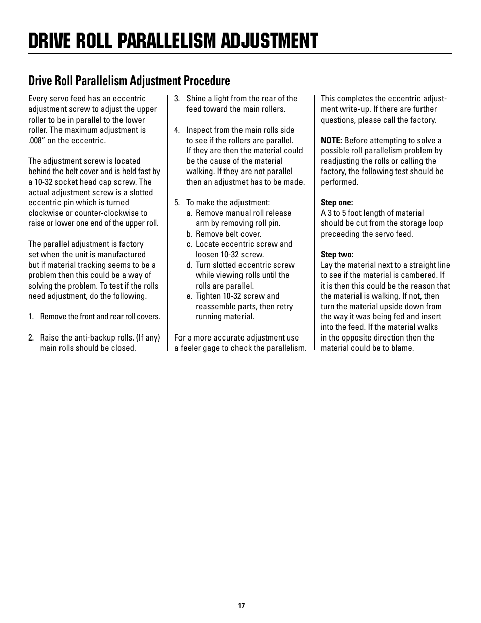 Drive roll parallelism adjustment, Drive roll parallelism adjustment procedure | Rapid-Air SERVO FEED: 100C, 100D series User Manual | Page 17 / 37