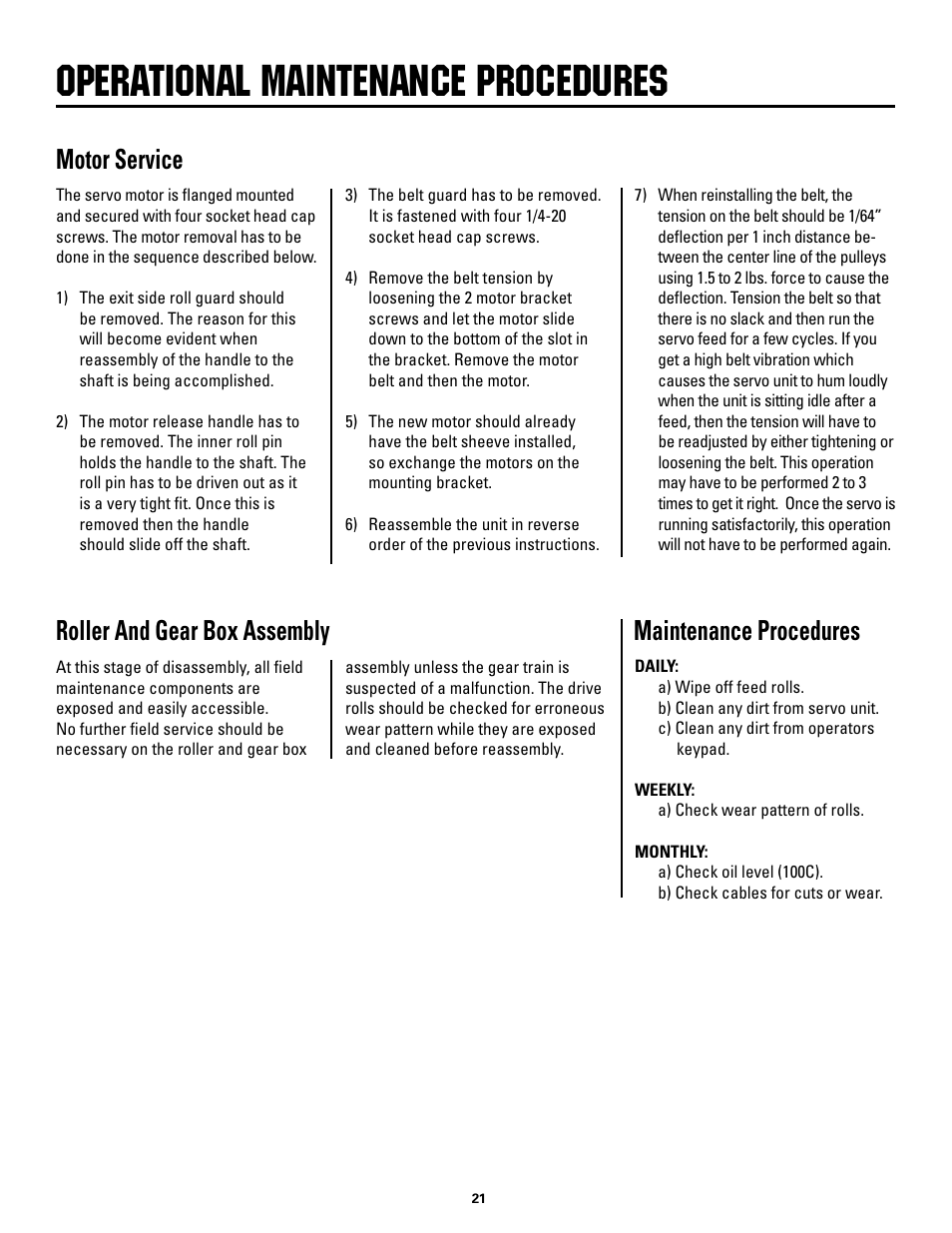 Operational maintenance procedures, Motor service, Roller and gear box assembly | Maintenance procedures | Rapid-Air SERVO FEED: 100C, 100D series User Manual | Page 21 / 37