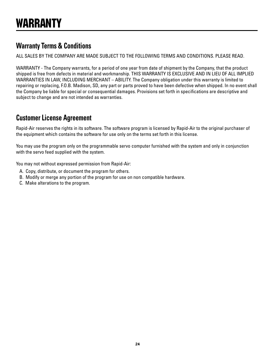 Warranty, Customer license agreement, Warranty terms & conditions | Rapid-Air SERVO FEED: 100C, 100D series User Manual | Page 24 / 37