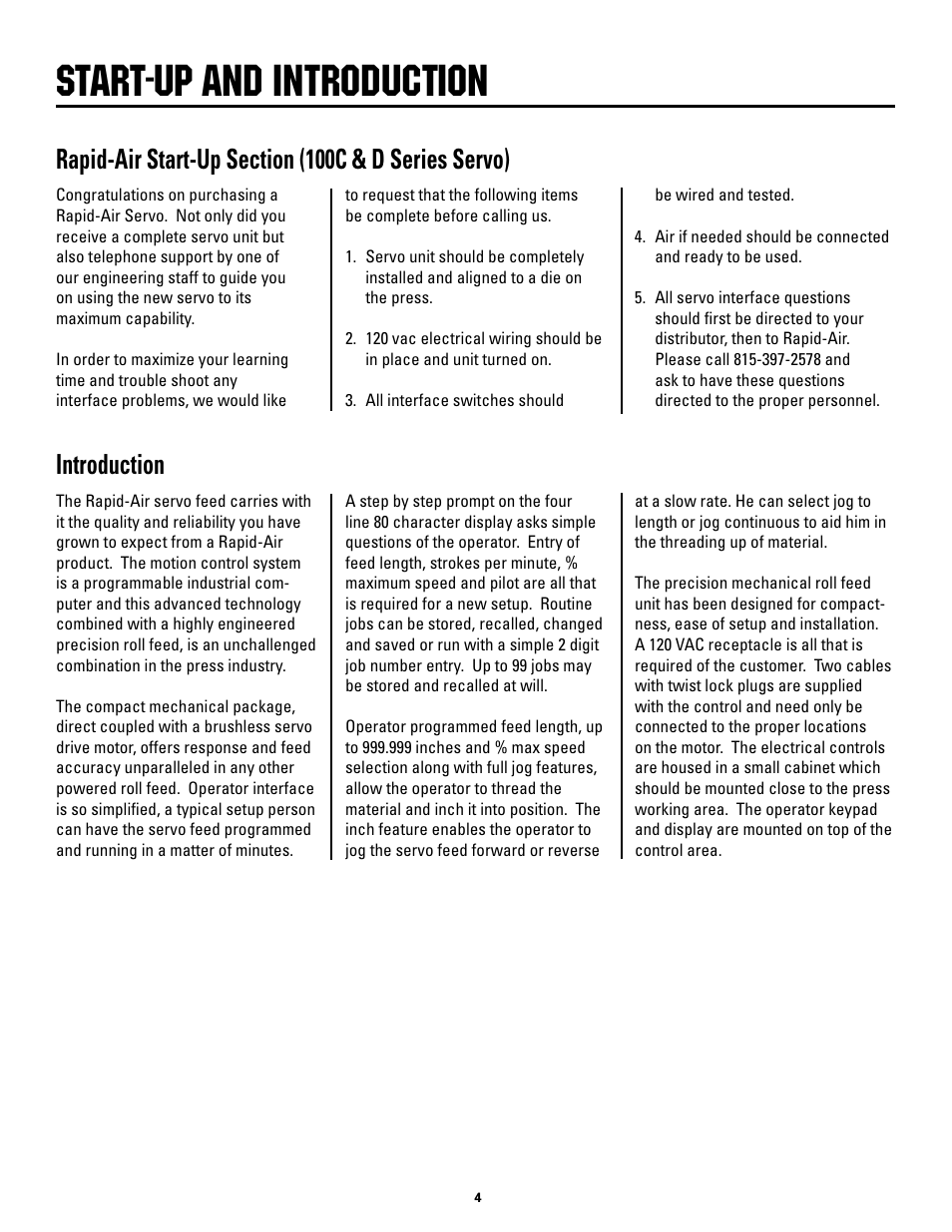 Start-up and introduction, Introduction | Rapid-Air SERVO FEED: 100C, 100D series User Manual | Page 4 / 37