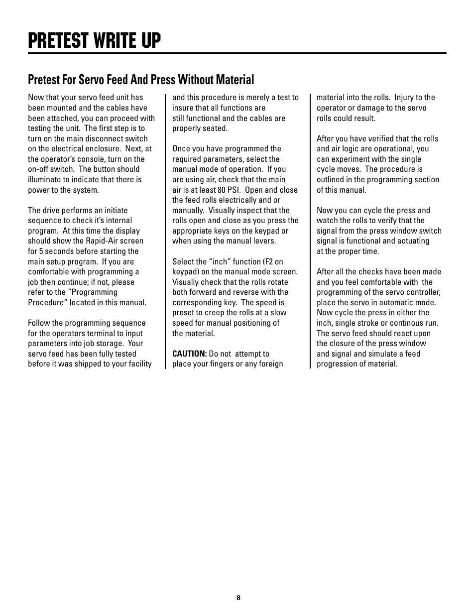 Pretest write up, Pretest for servo feed and press without material | Rapid-Air SERVO FEED: 100C, 100D series User Manual | Page 8 / 37