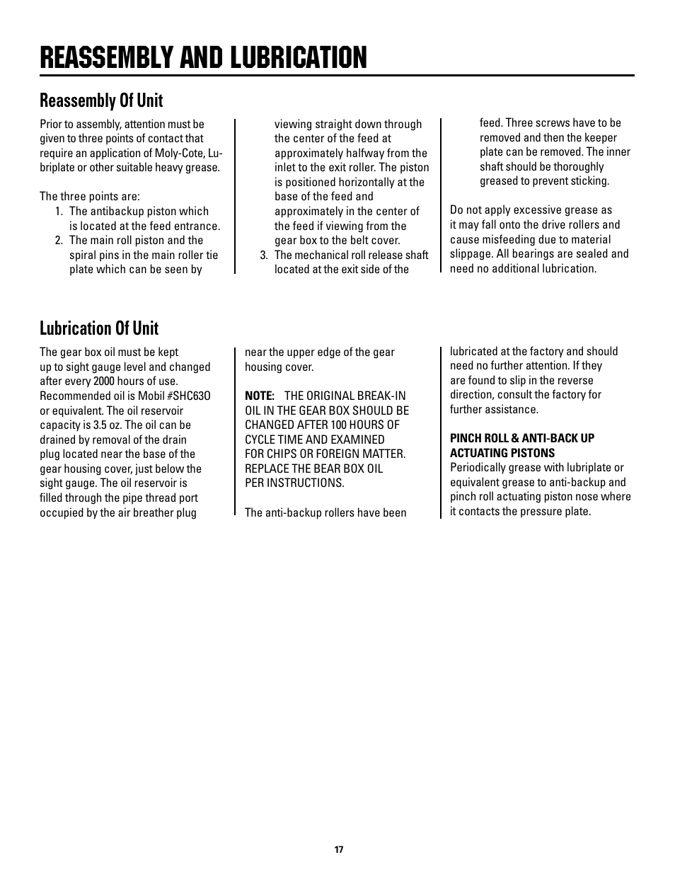 Reassembly and lubrication, Reassembly.of.unit, Lubrication.of.unit | Rapid-Air SERVO FEED / RAPID MASTER User Manual | Page 17 / 26