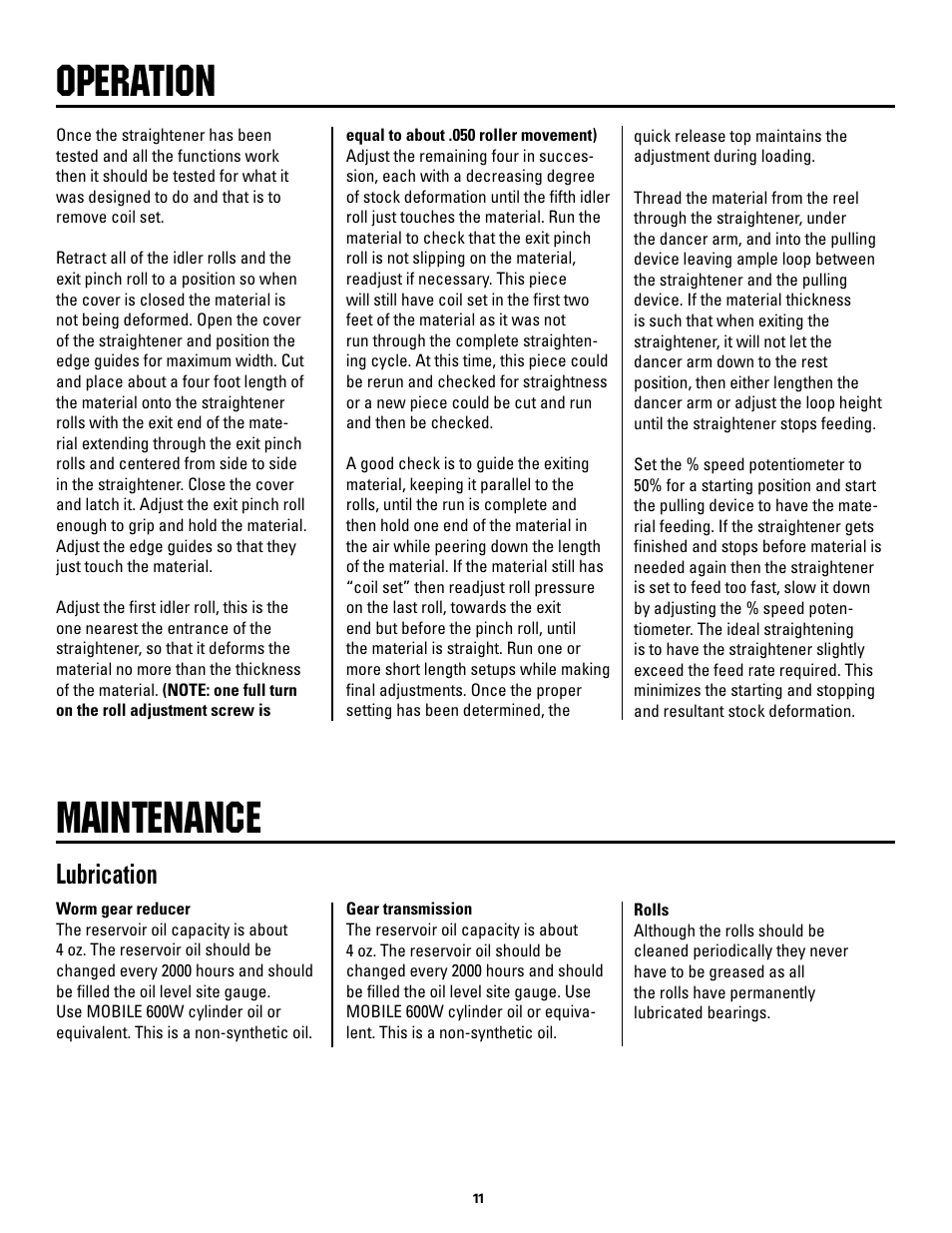 Maintenance, Operation, Lubrication | Rapid-Air STRAIGHTENER: SC SERIES User Manual | Page 11 / 25