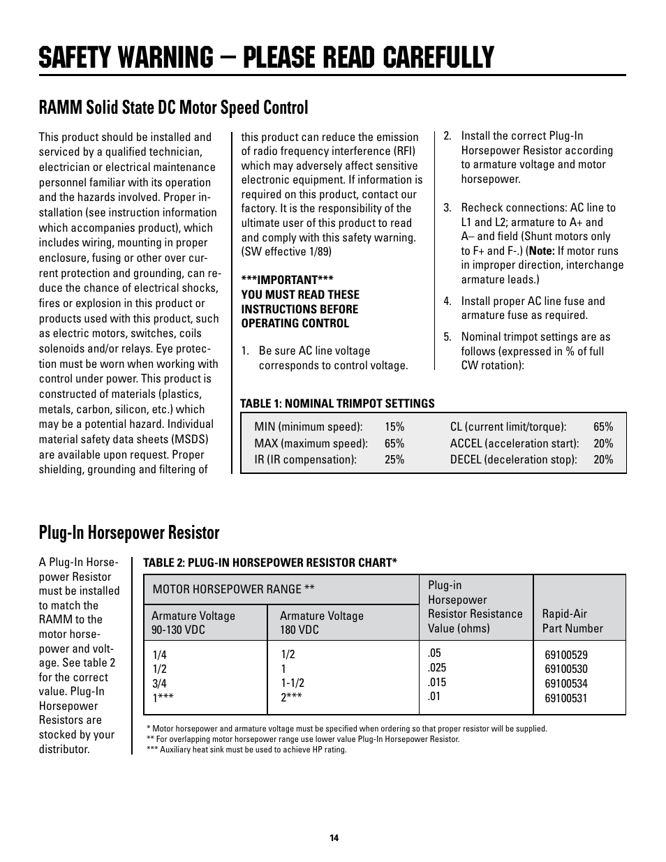 Safety warning – please read carefully, Ramm solid state dc motor speed control, Plug-in horsepower resistor | Rapid-Air STRAIGHTENER: SC SERIES User Manual | Page 14 / 25