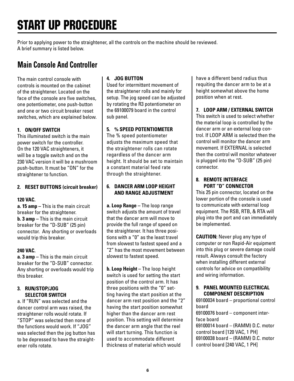 Start up procedure, Main console and controller | Rapid-Air STRAIGHTENER: SC SERIES User Manual | Page 6 / 25