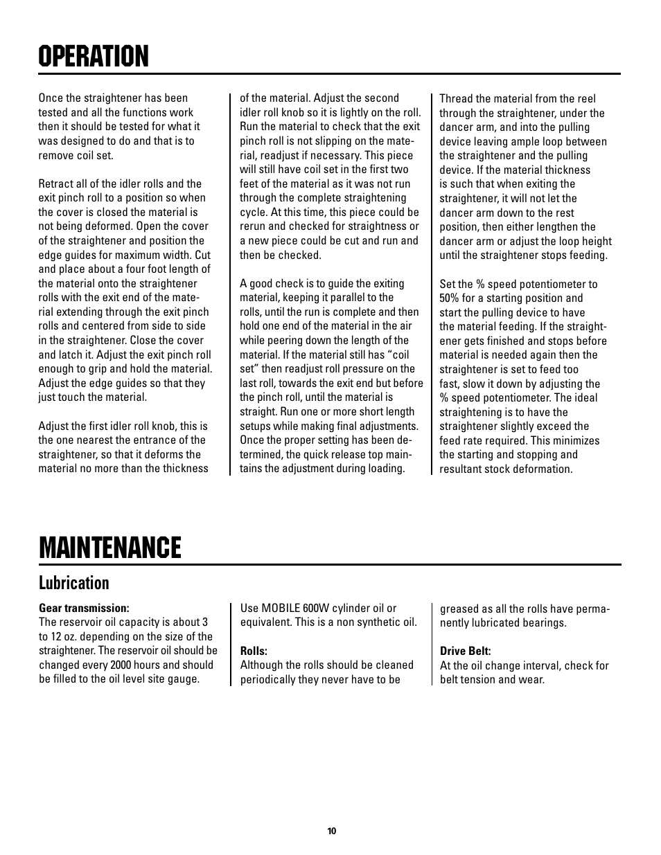 Maintenance, Operation, Lubrication | Rapid-Air STRAIGHTENER and PUSHBUTTON RAPID-ROLL: SC SERIES User Manual | Page 10 / 44