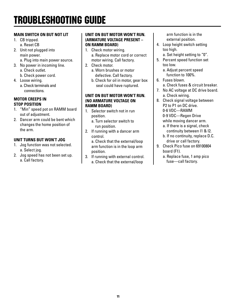 Troubleshooting guide | Rapid-Air STRAIGHTENER and PUSHBUTTON RAPID-ROLL: SC SERIES User Manual | Page 11 / 44