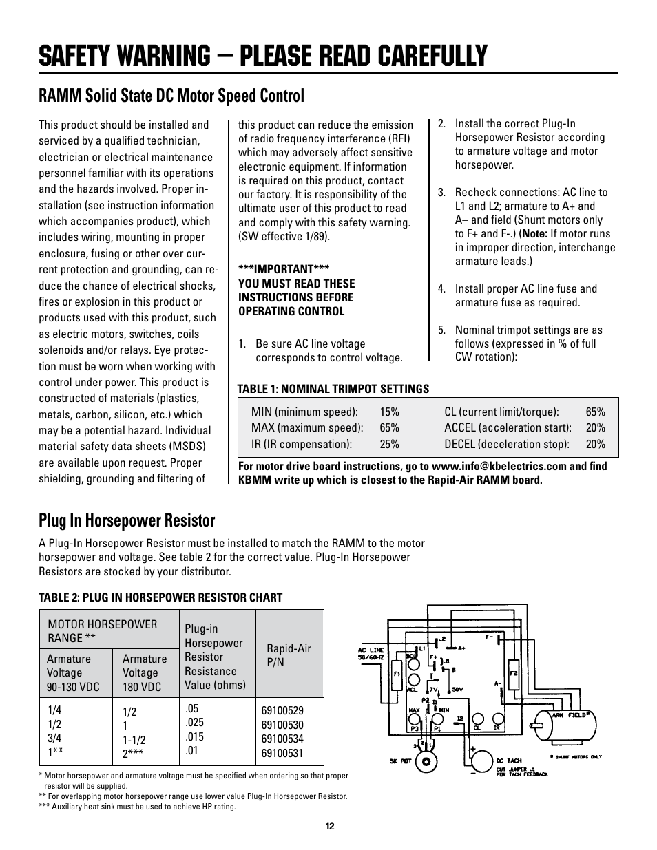 Safety warning – please read carefully, Ramm solid state dc motor speed control, Plug in horsepower resistor | Rapid-Air STRAIGHTENER and PUSHBUTTON RAPID-ROLL: SC SERIES User Manual | Page 12 / 44