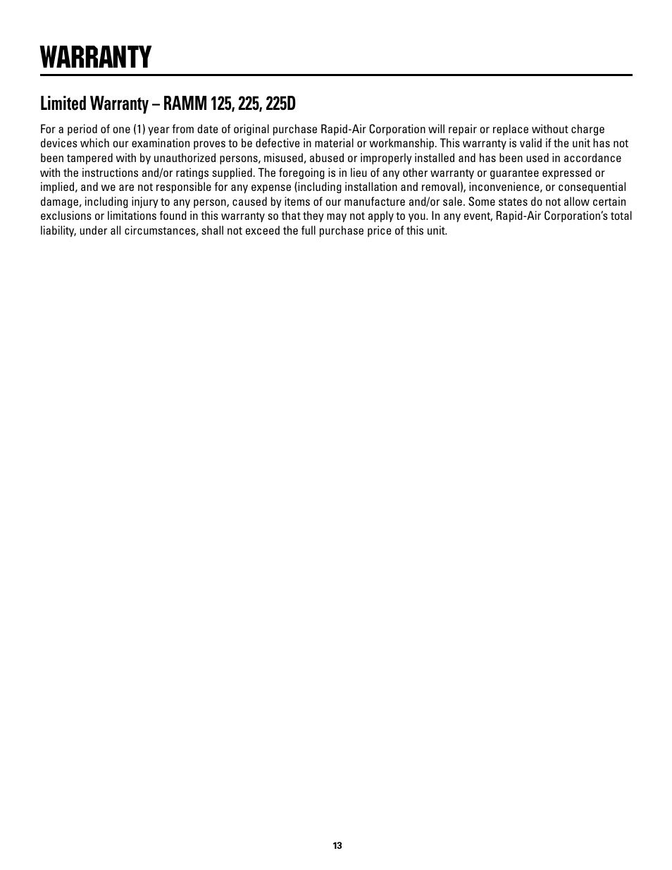 Warranty | Rapid-Air STRAIGHTENER and PUSHBUTTON RAPID-ROLL: SC SERIES User Manual | Page 13 / 44