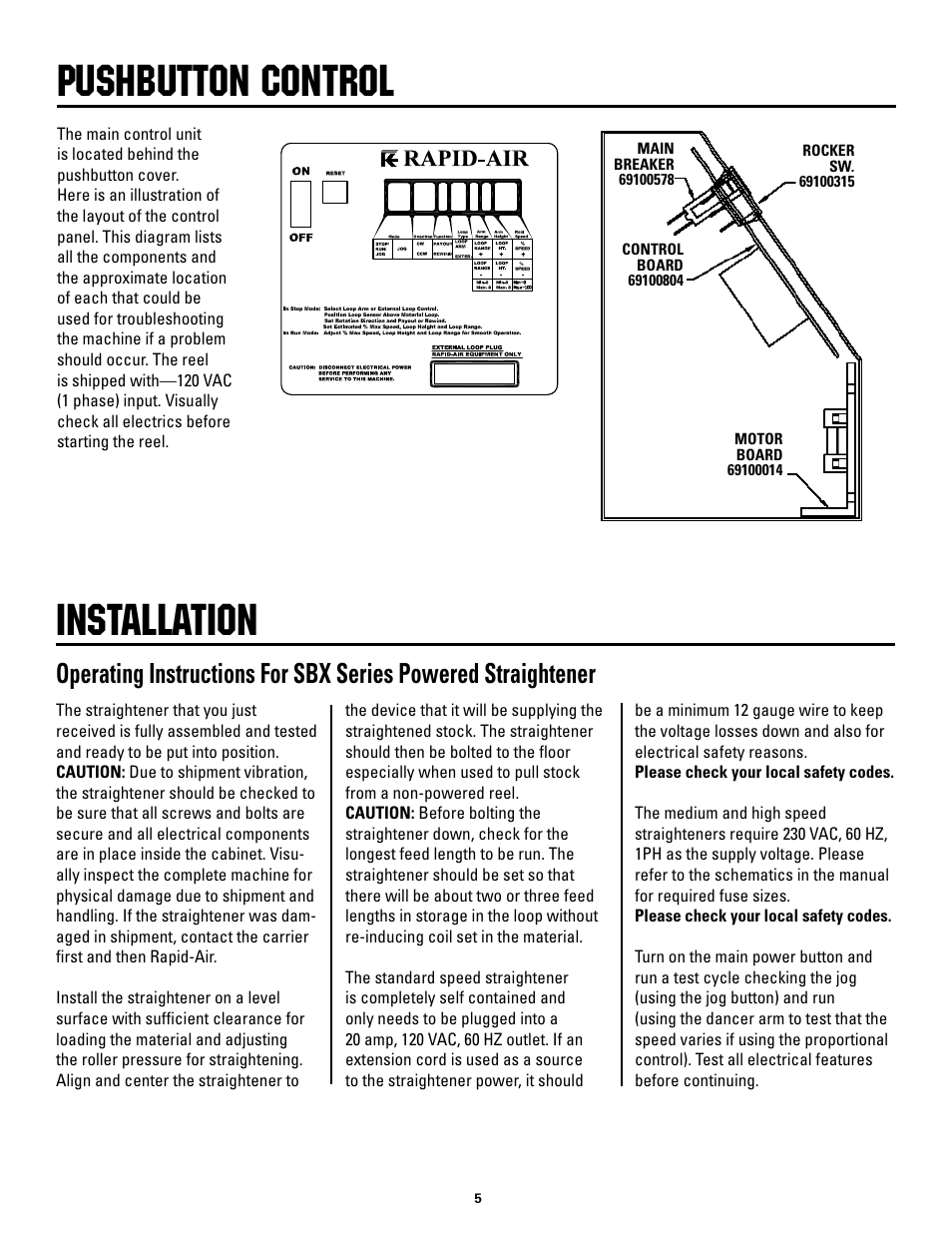 Pushbutton control, Installation | Rapid-Air STRAIGHTENER and PUSHBUTTON RAPID-ROLL: SC SERIES User Manual | Page 5 / 44