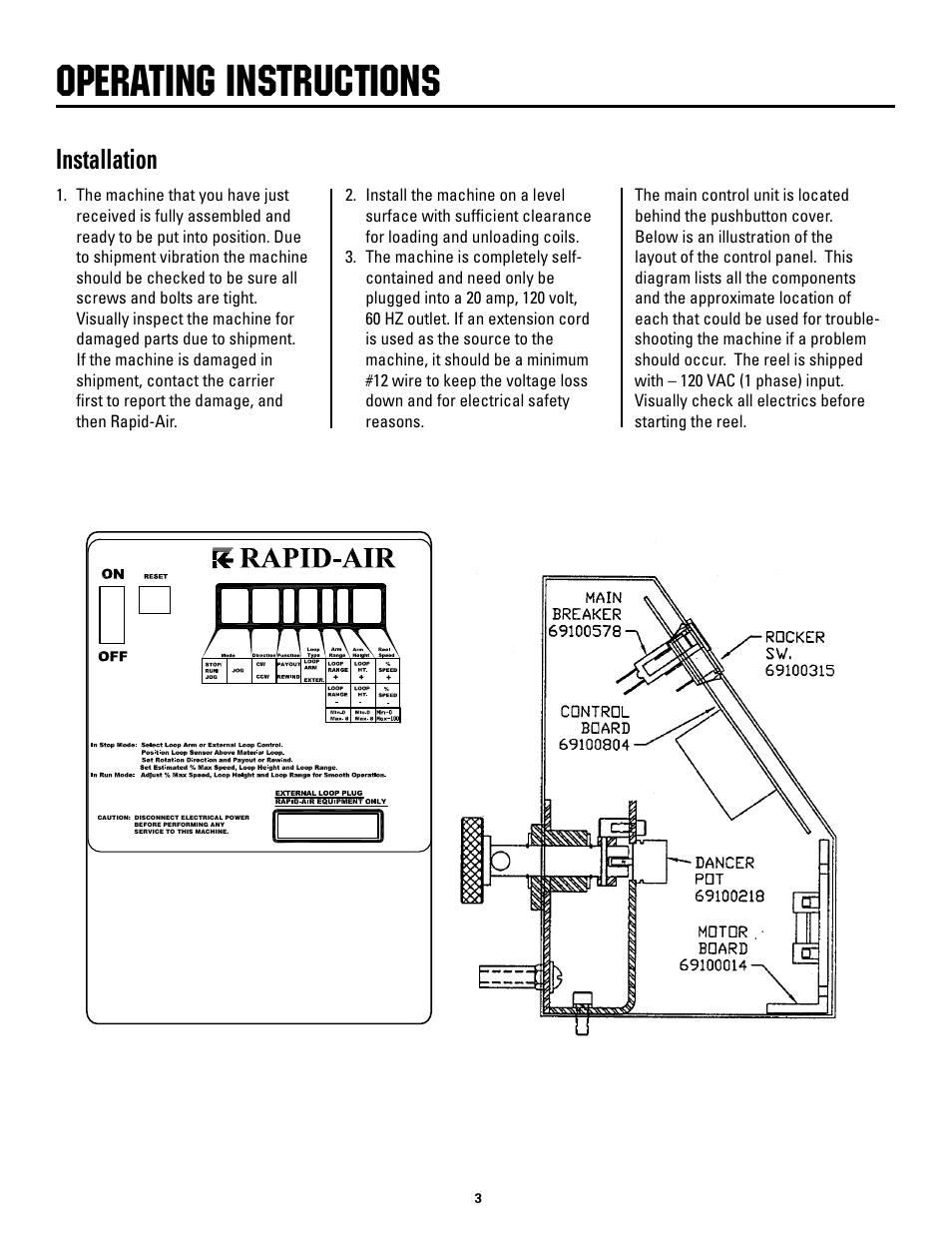 Operating instructions, Installation | Rapid-Air DUAL SWIVEL REEL WITH DISPLAY KEYPAD: 100 & 1000 SERIES User Manual | Page 3 / 16