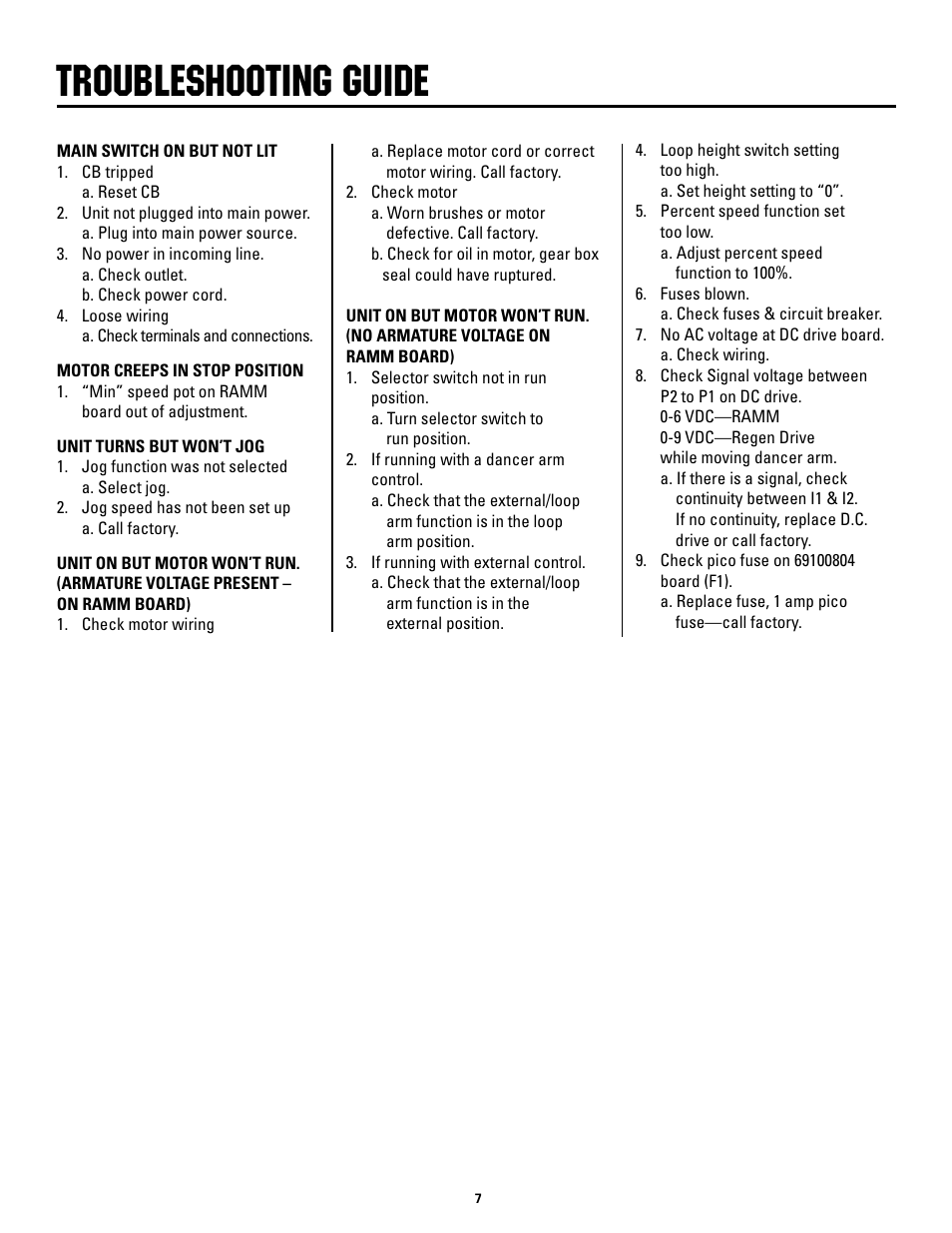 Troubleshooting guide | Rapid-Air DUAL SWIVEL REEL WITH DISPLAY KEYPAD: 100 & 1000 SERIES User Manual | Page 7 / 16