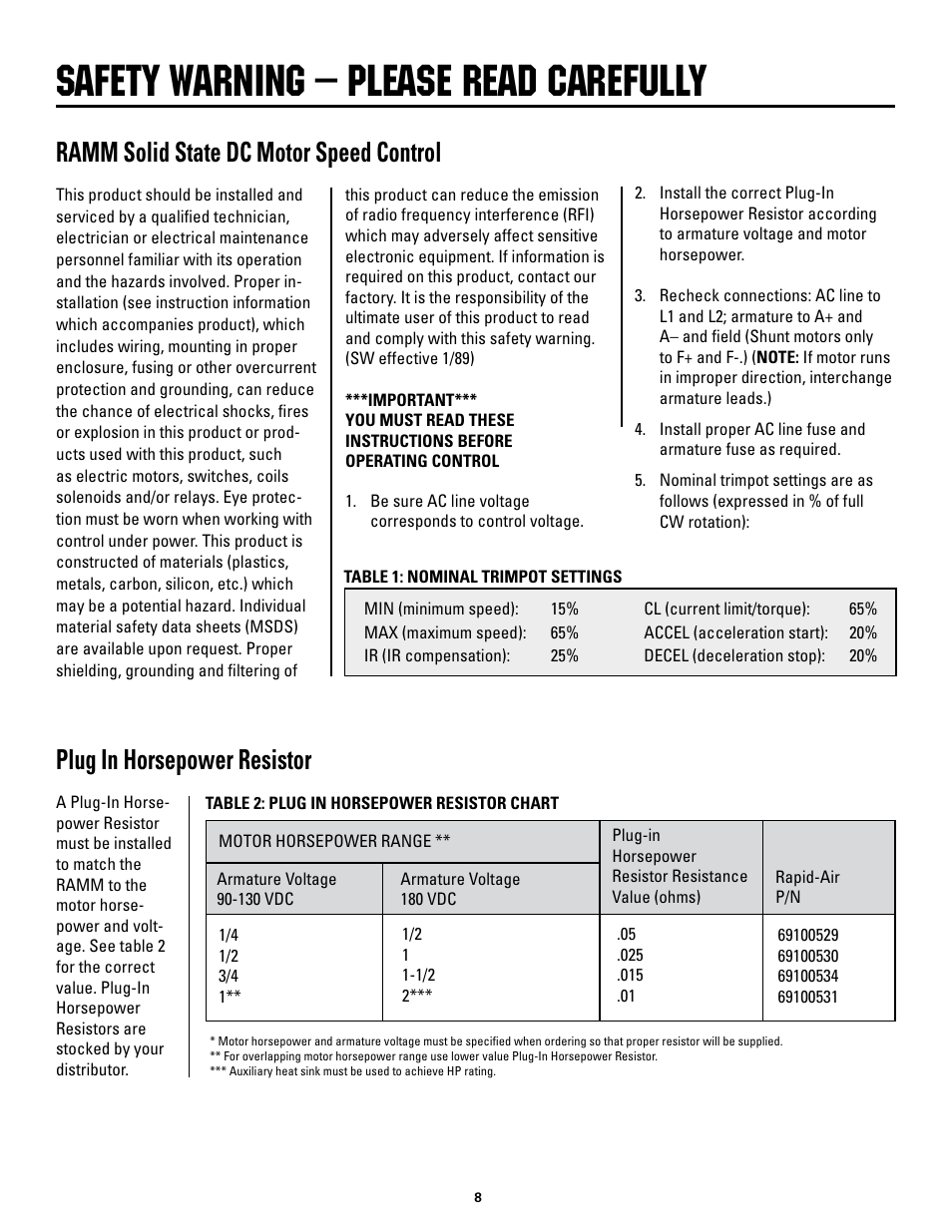 Safety warning – please read carefully, Ramm solid state dc motor speed control, Plug in horsepower resistor | Rapid-Air DUAL SWIVEL REEL WITH DISPLAY KEYPAD: 100 & 1000 SERIES User Manual | Page 8 / 16