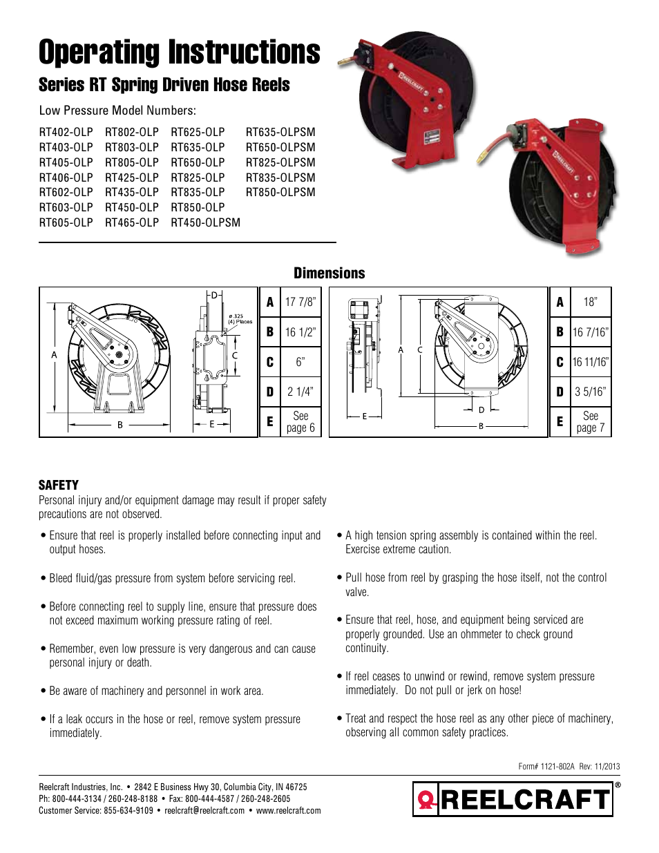 Reelcraft Series RT Spring Driven Hose Reels (Low Pressure) User Manual | 7 pages