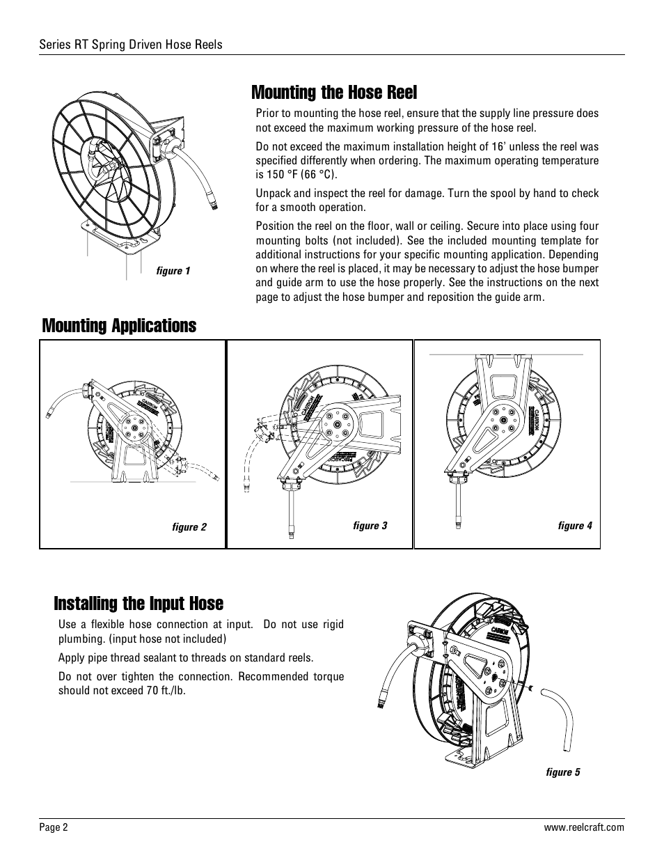 Installing the input hose mounting the hose reel, Mounting applications | Reelcraft Series RT Spring Driven Hose Reels (Low Pressure) User Manual | Page 2 / 7