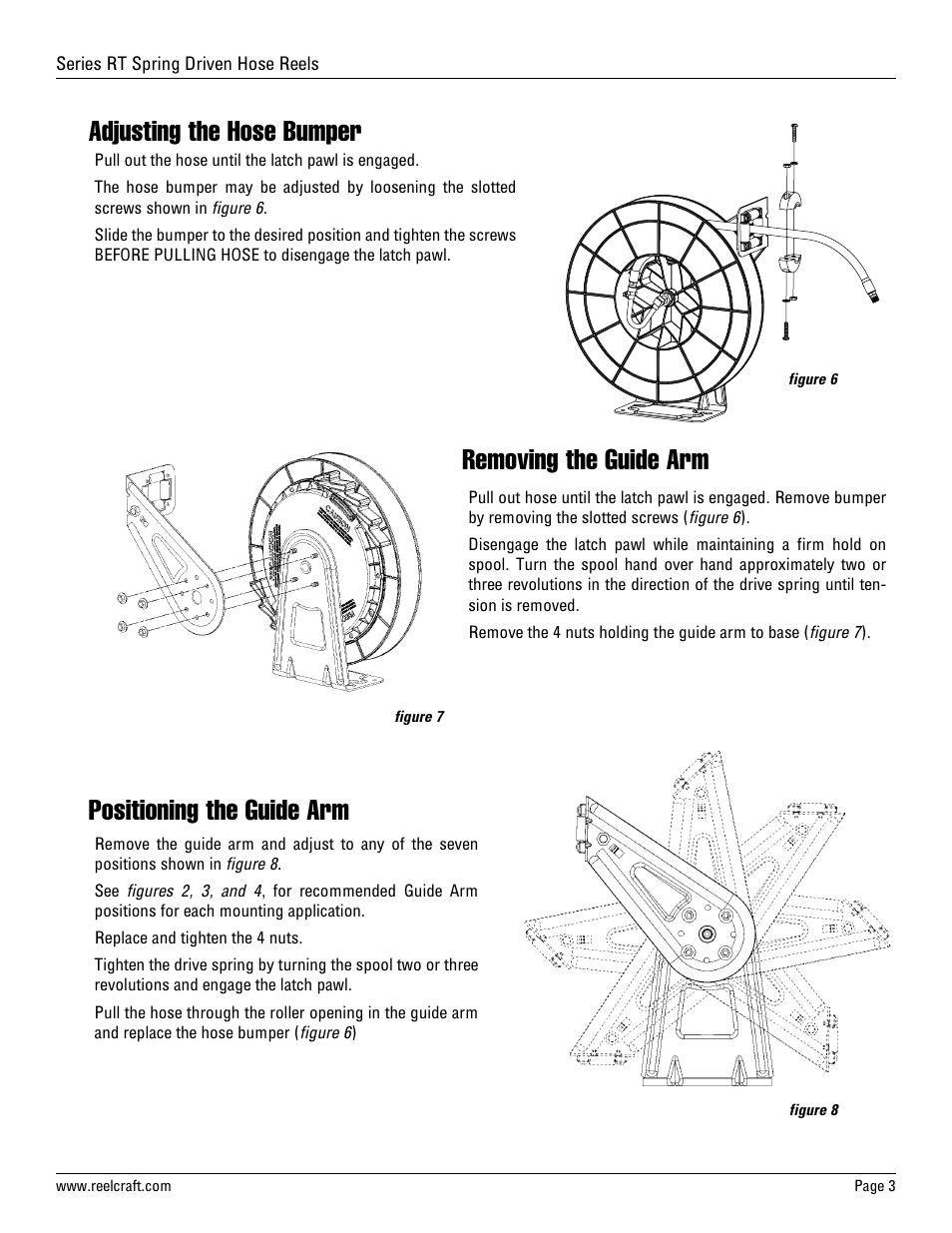 Adjusting the hose bumper removing the guide arm, Positioning the guide arm | Reelcraft Series RT Spring Driven Hose Reels (Low Pressure) User Manual | Page 3 / 7