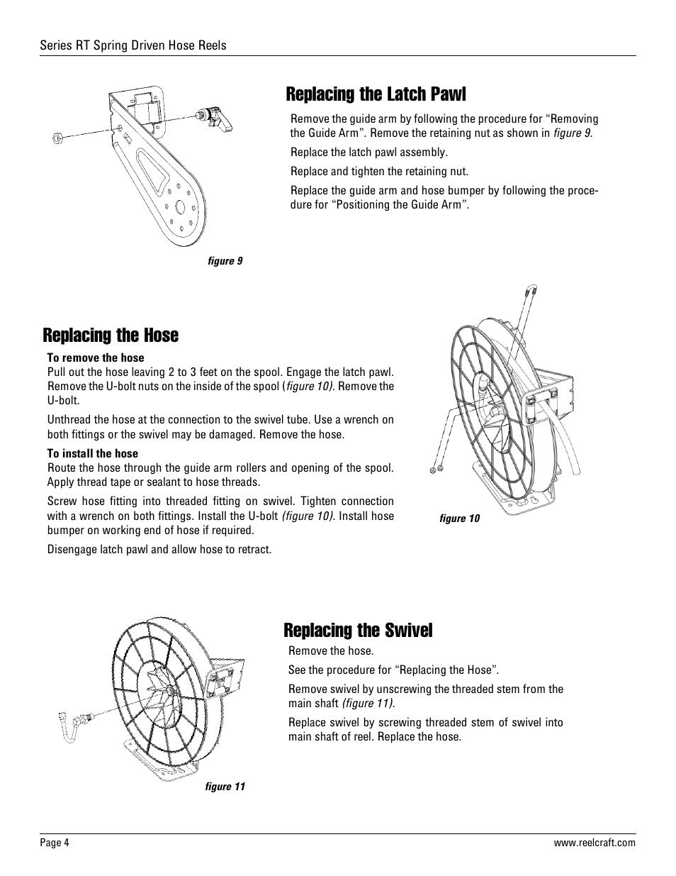 Replacing the swivel, Replacing the latch pawl, Replacing the hose | Reelcraft Series RT Spring Driven Hose Reels (Low Pressure) User Manual | Page 4 / 7