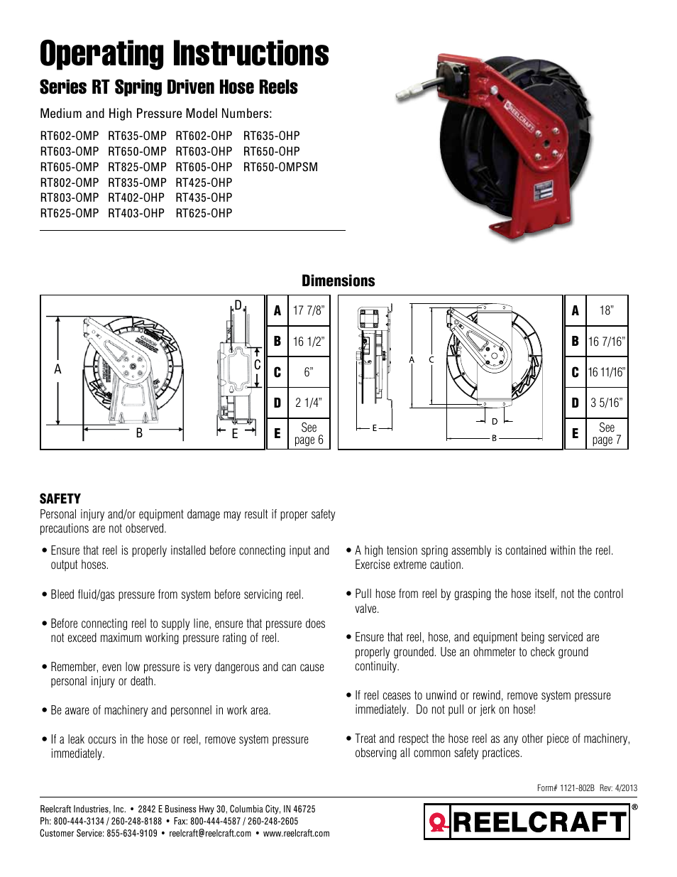 Reelcraft Series RT Spring Driven Hose Reels (Medium and High Pressure) User Manual | 7 pages