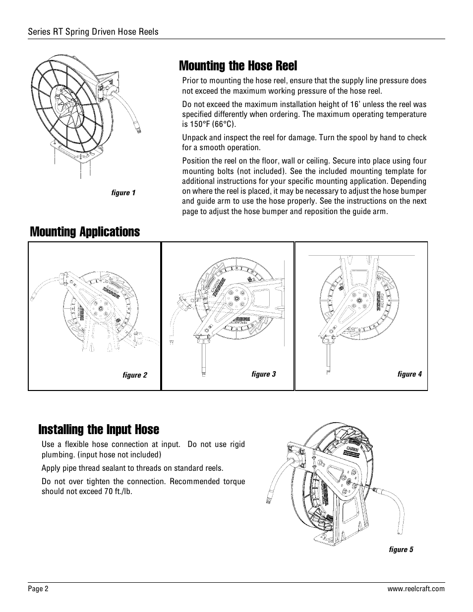 Installing the input hose mounting the hose reel, Mounting applications | Reelcraft Series RT Spring Driven Hose Reels (Medium and High Pressure) User Manual | Page 2 / 7