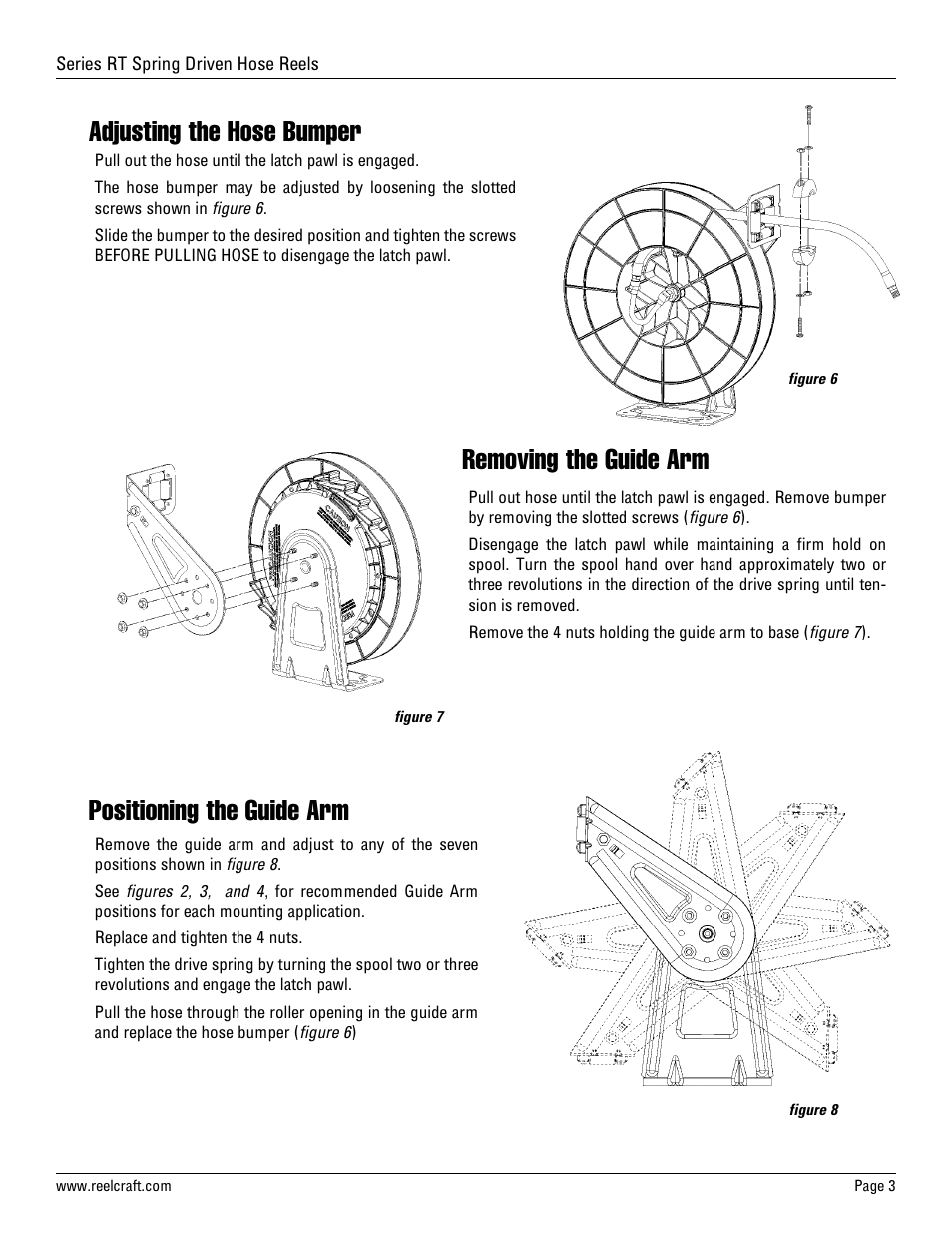 Adjusting the hose bumper removing the guide arm, Positioning the guide arm | Reelcraft Series RT Spring Driven Hose Reels (Medium and High Pressure) User Manual | Page 3 / 7