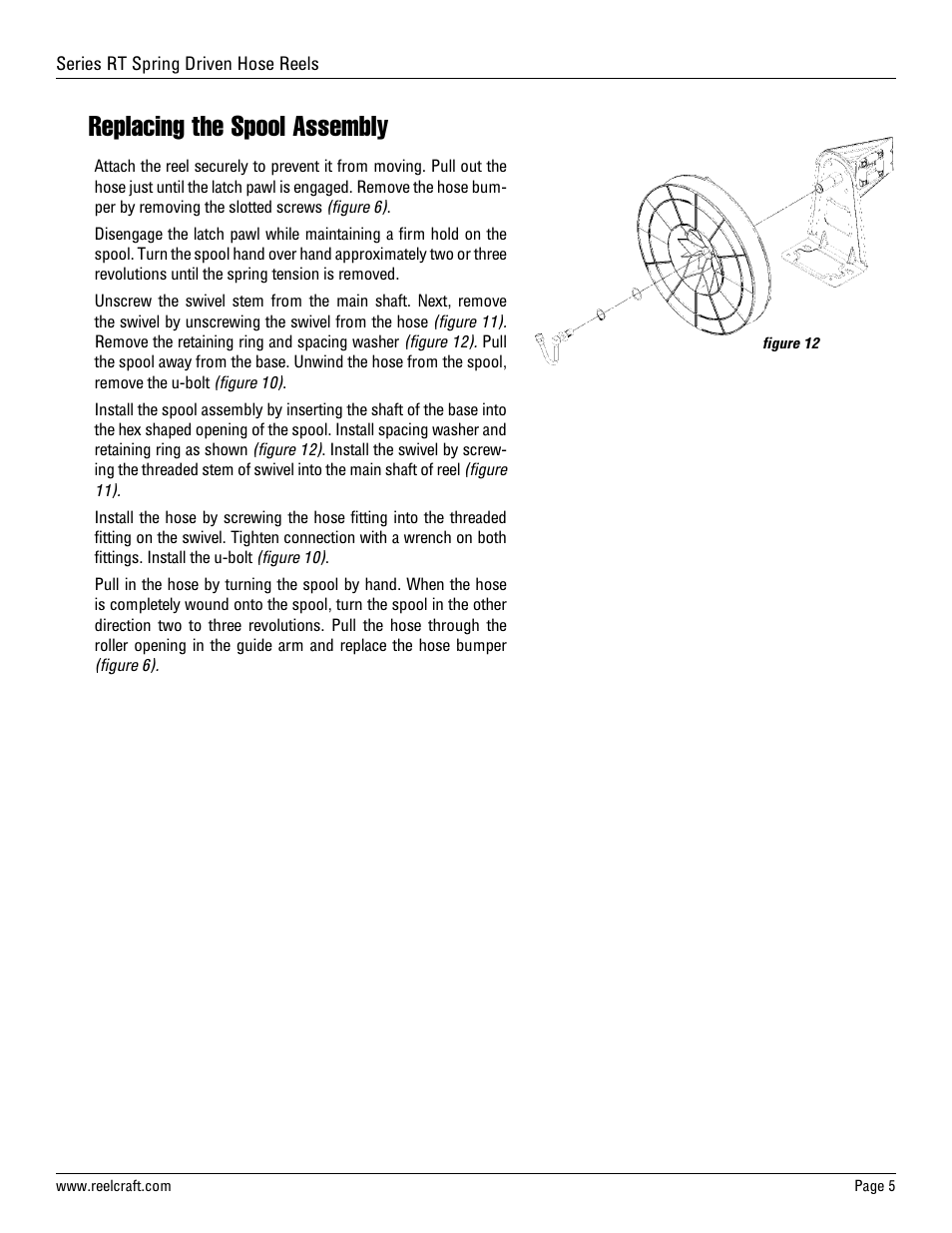 Replacing the spool assembly | Reelcraft Series RT Spring Driven Hose Reels (Medium and High Pressure) User Manual | Page 5 / 7