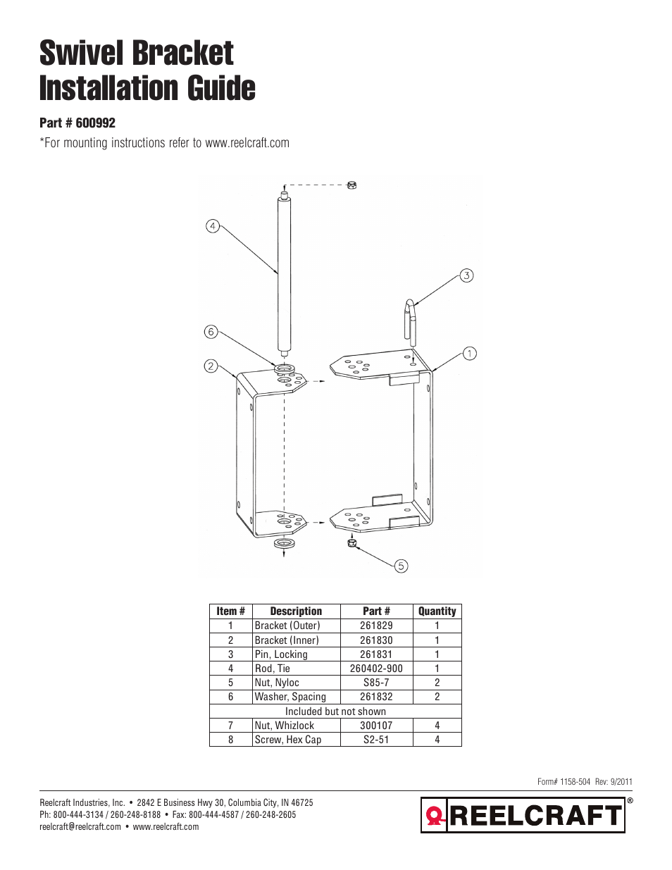 Reelcraft Series RT Hose Reels Swivel Bracket User Manual | 2 pages