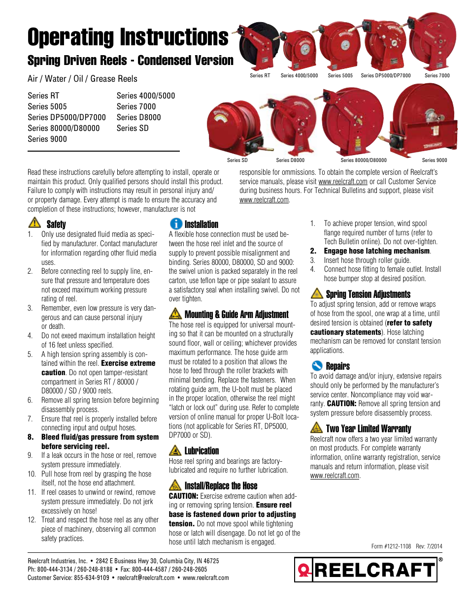 Reelcraft Spring Driven Reels - Condensed Version User Manual | 4 pages