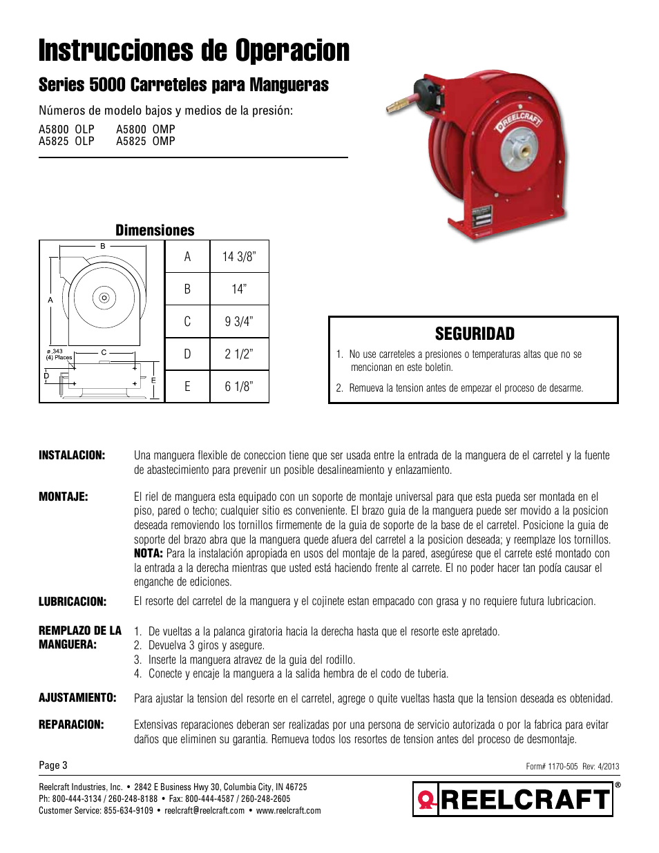 Instrucciones de operacion, Series 5000 carreteles para mangueras, Seguridad | Reelcraft Series 5000 Spring Driven Hose Reels (Low and Medium Pressure AxxxxOLP, AxxxxOMP) User Manual | Page 3 / 6