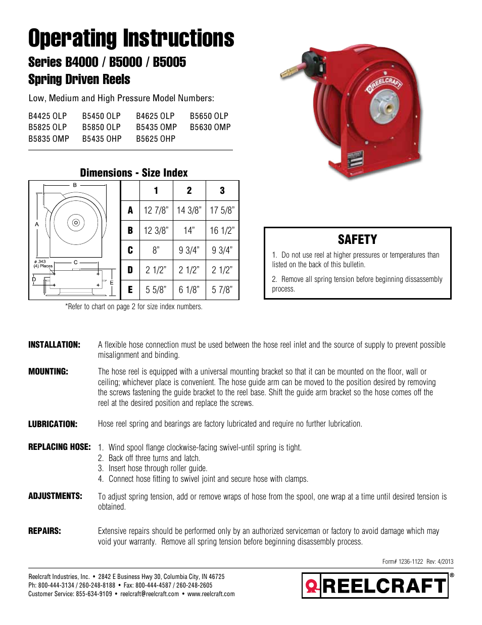 Reelcraft Series B5005 Spring Driven Reels User Manual | 3 pages