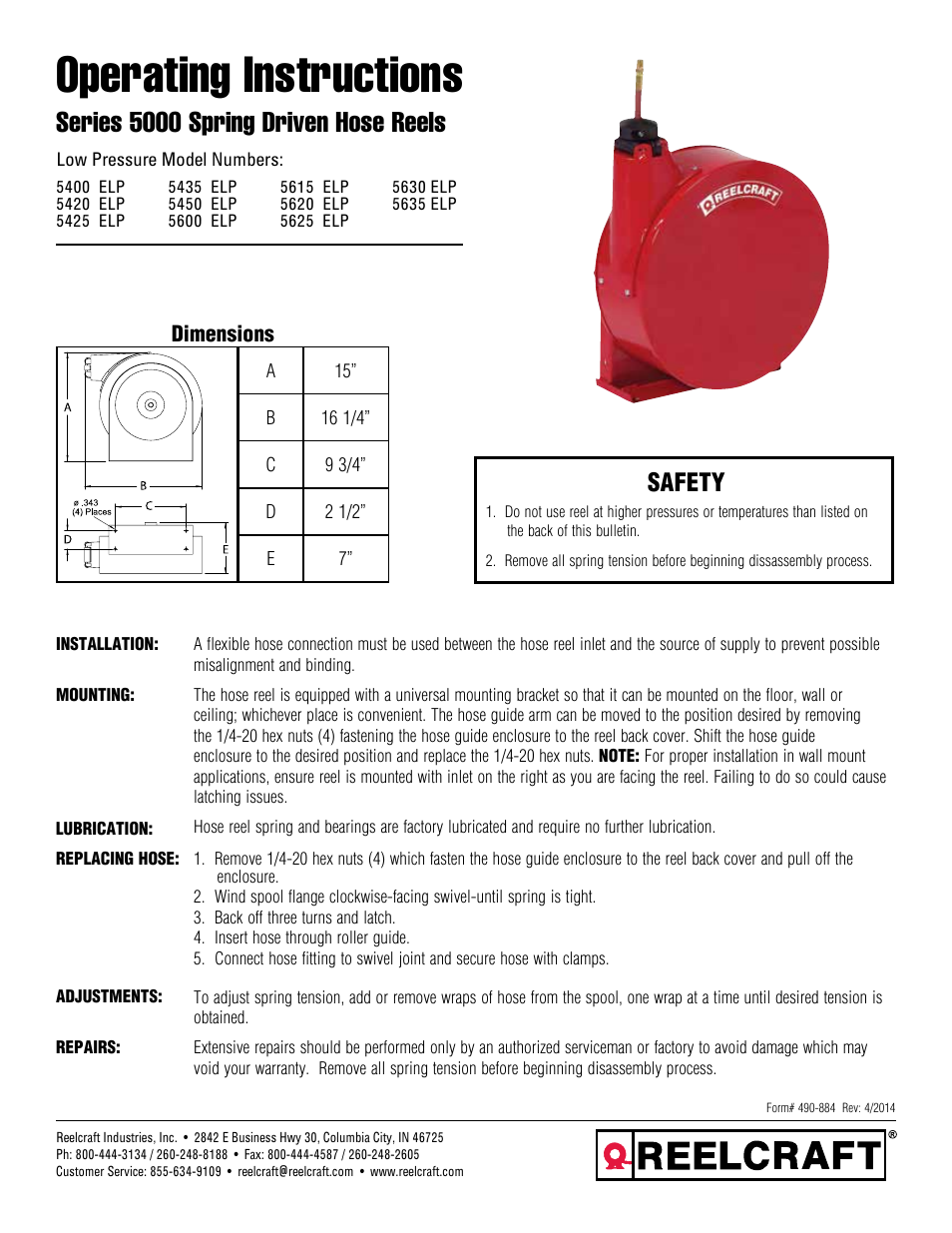 Reelcraft Series 5000 Spring Driven Hose Reels (Low Pressure xxxxELP) User Manual | 2 pages