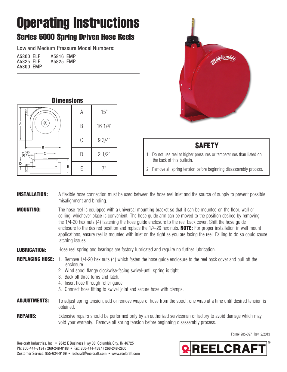 Reelcraft Series 5000 Spring Driven Hose Reels (Low and Medium Pressure AxxxxELP, AxxxxEMP) User Manual | 2 pages
