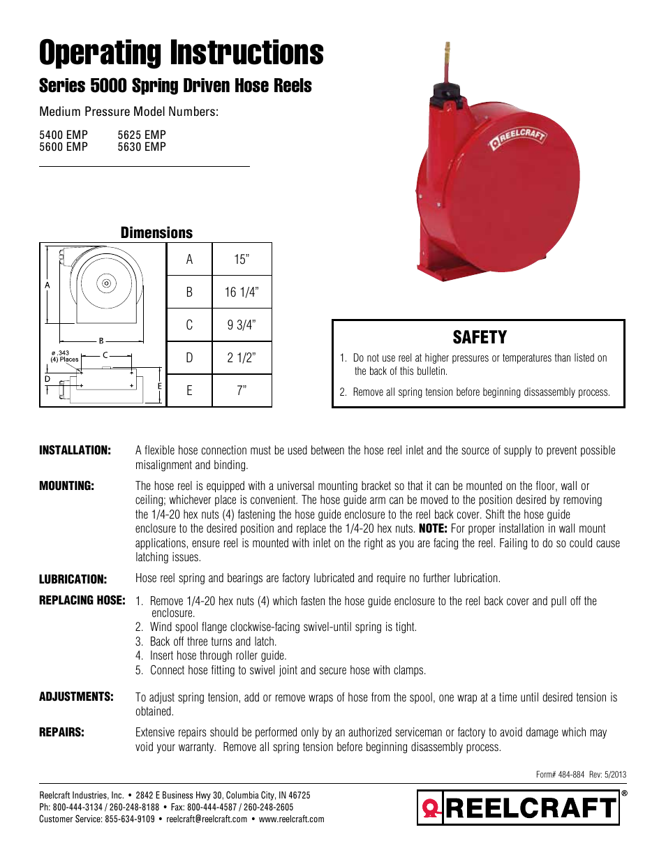 Reelcraft Series 5000 Spring Driven Hose Reels (Medium Pressure xxxxEMP) User Manual | 2 pages