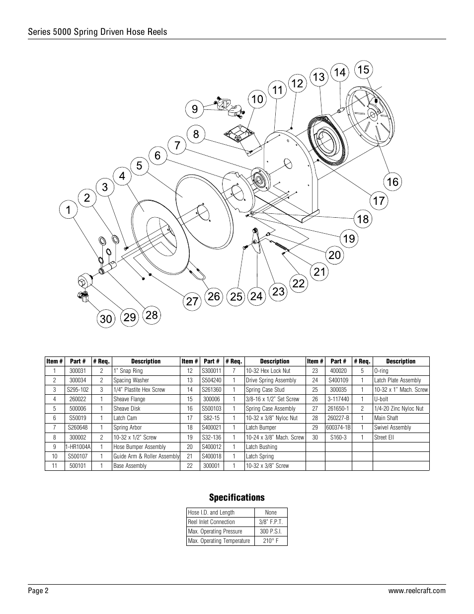 Series 5000 spring driven hose reels, Specifications | Reelcraft Series 5000 Spring Driven Hose Reels (Low Pressure xxxxOLB) User Manual | Page 2 / 2