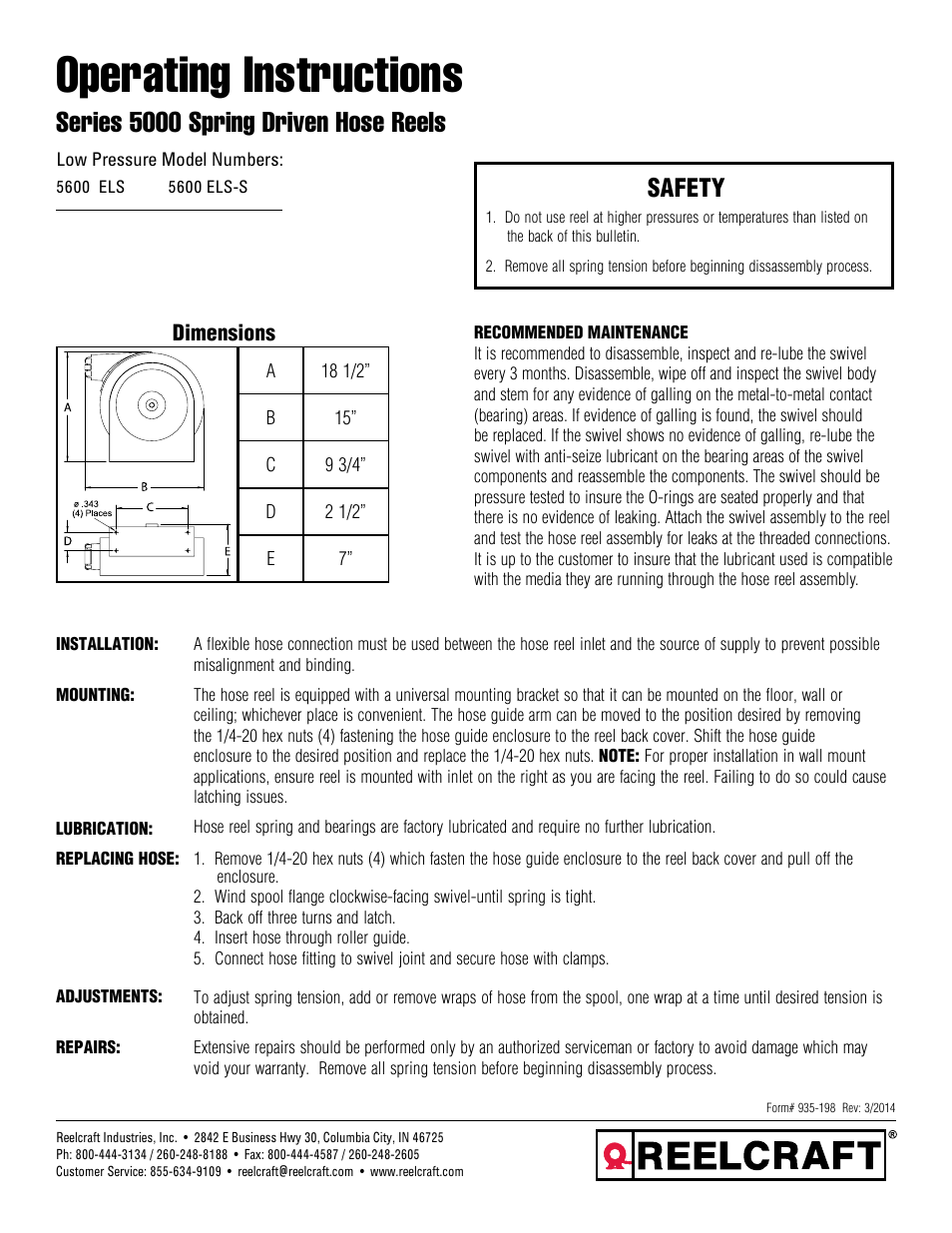Reelcraft Series 5000 Spring Driven Hose Reels (Low Pressure xxxxELS) User Manual | 2 pages