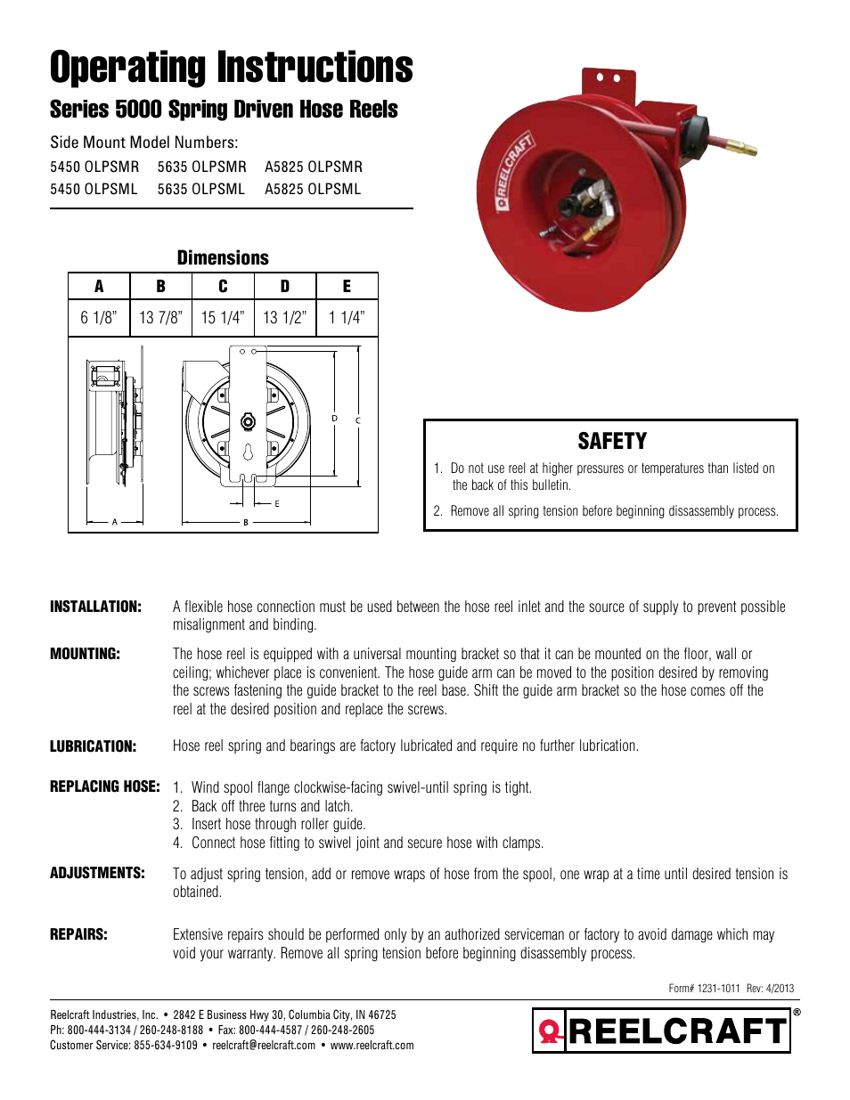 Reelcraft Series 5000 Spring Driven Hose Reels (Side Mount) User Manual | 2 pages