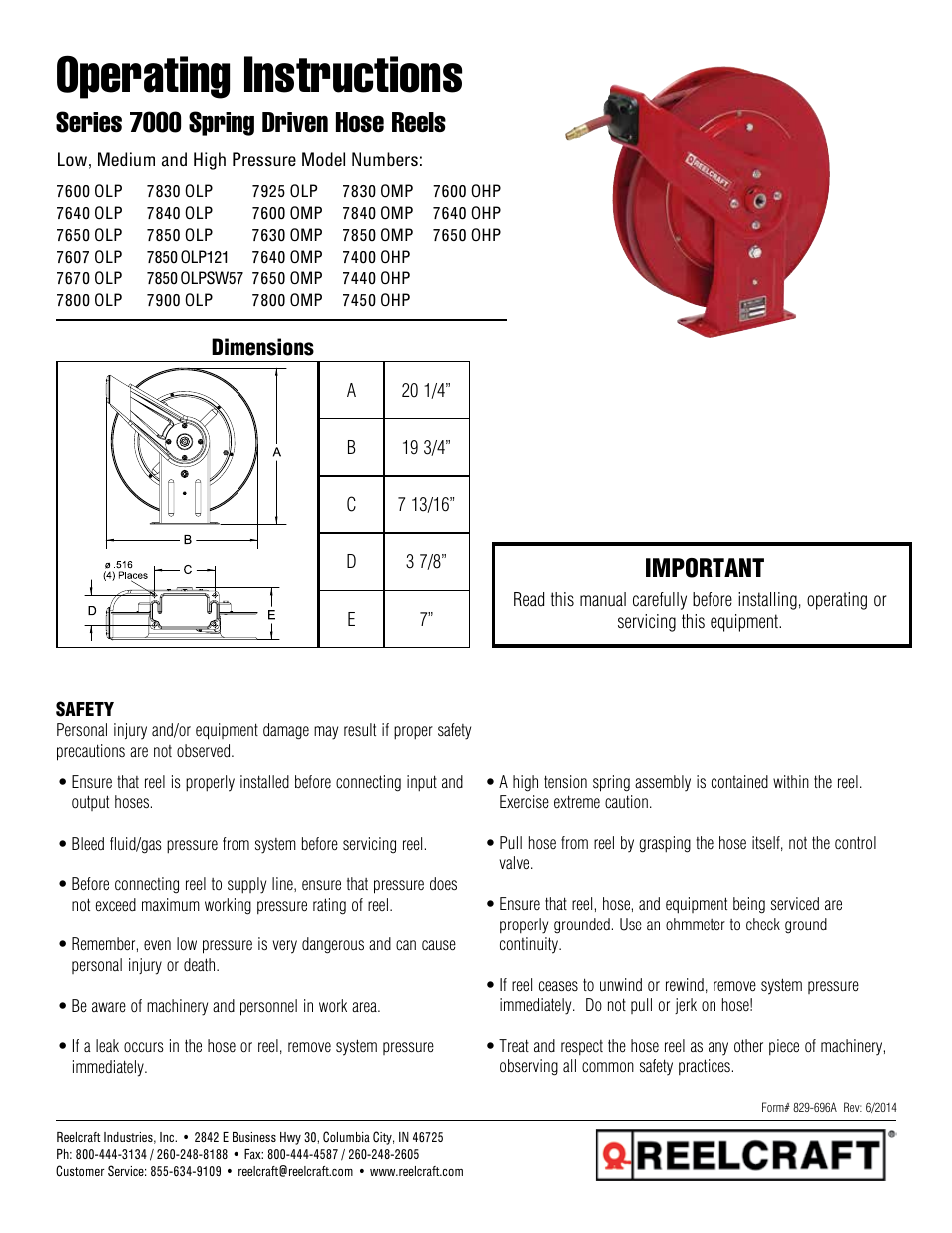 Reelcraft Series 7000 Spring Driven Hose Reels (Low, Medium and High Pressure xxxxOLP, xxxxOMP, xxxxOHP) User Manual | 12 pages