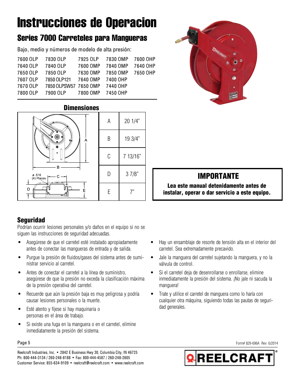 Instrucciones de operacion, Series 7000 carreteles para mangueras, Importante | Reelcraft Series 7000 Spring Driven Hose Reels (Low, Medium and High Pressure xxxxOLP, xxxxOMP, xxxxOHP) User Manual | Page 5 / 12