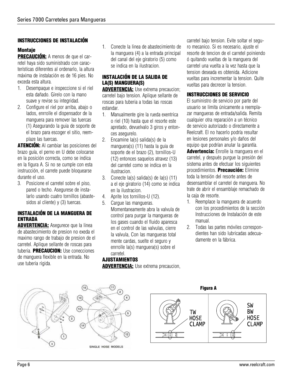 Reelcraft Series 7000 Spring Driven Hose Reels (Low, Medium and High Pressure xxxxOLP, xxxxOMP, xxxxOHP) User Manual | Page 6 / 12