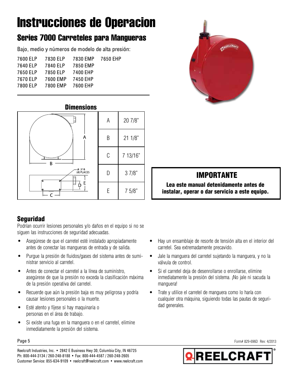 Instrucciones de operacion, Series 7000 carreteles para mangueras, Importante | Reelcraft Series 7000 Spring Driven Hose Reels (Low, Medium and High Pressure xxxxELP, xxxxEMP) User Manual | Page 5 / 12
