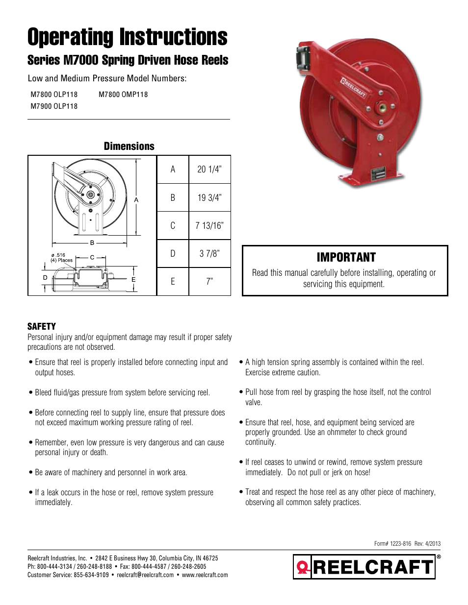 Reelcraft Series M7000 Spring Driven Hose Reels (Low and Medium Pressure MxxxxOLP118, MxxxxOMP118) User Manual | 3 pages